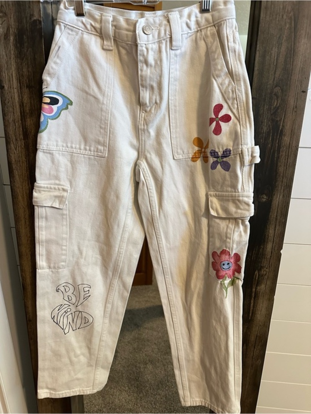 PacSun High Rise Carpenter Jeans Size 25 White Floral Butterfly Cargo Y2K Barbie